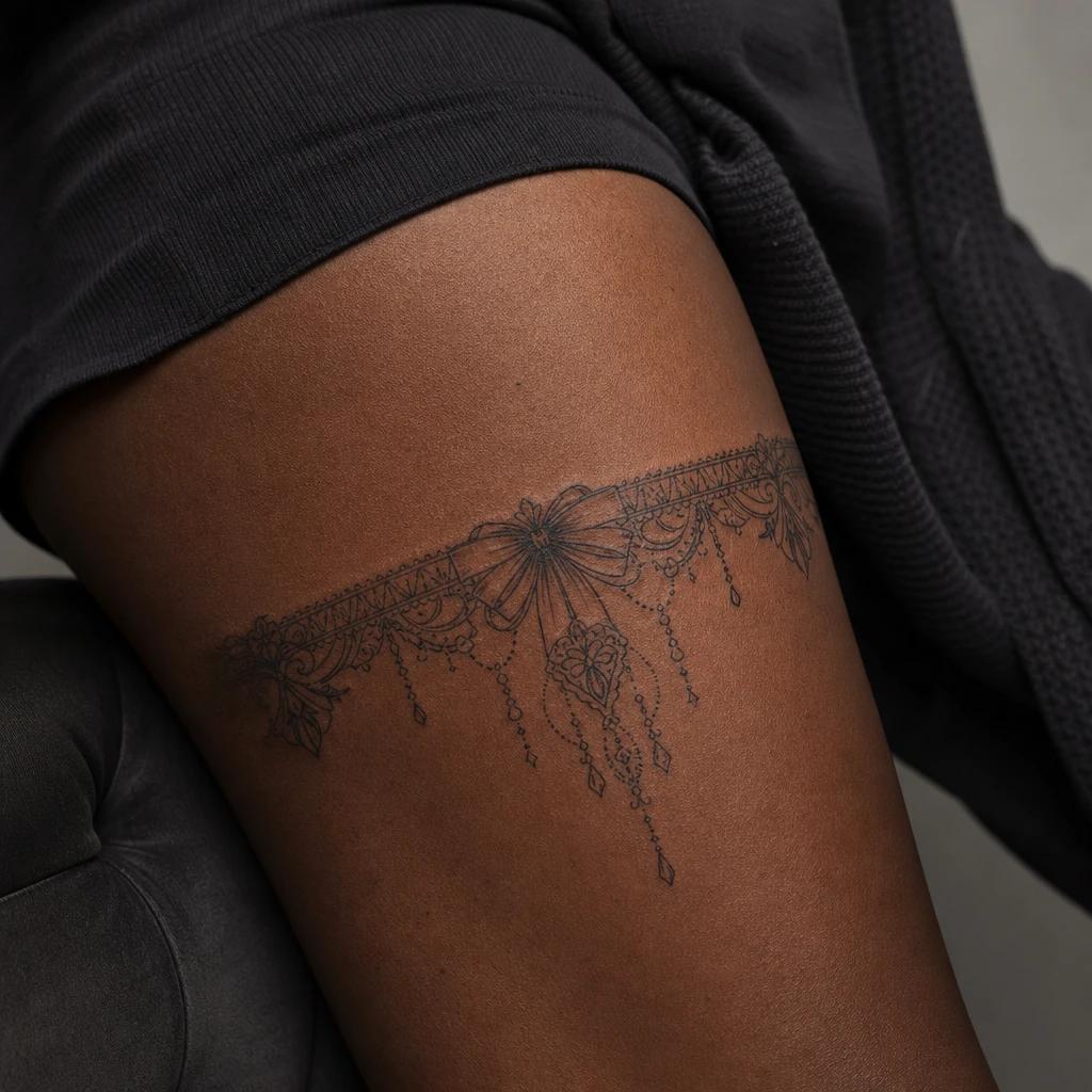 women's thigh tattoo ornamental garter, realistic photo on skin