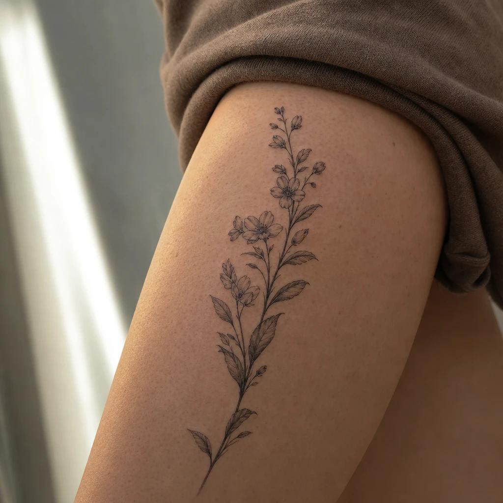 women's thigh tattoo vertical flowering branch, realistic photo on skin