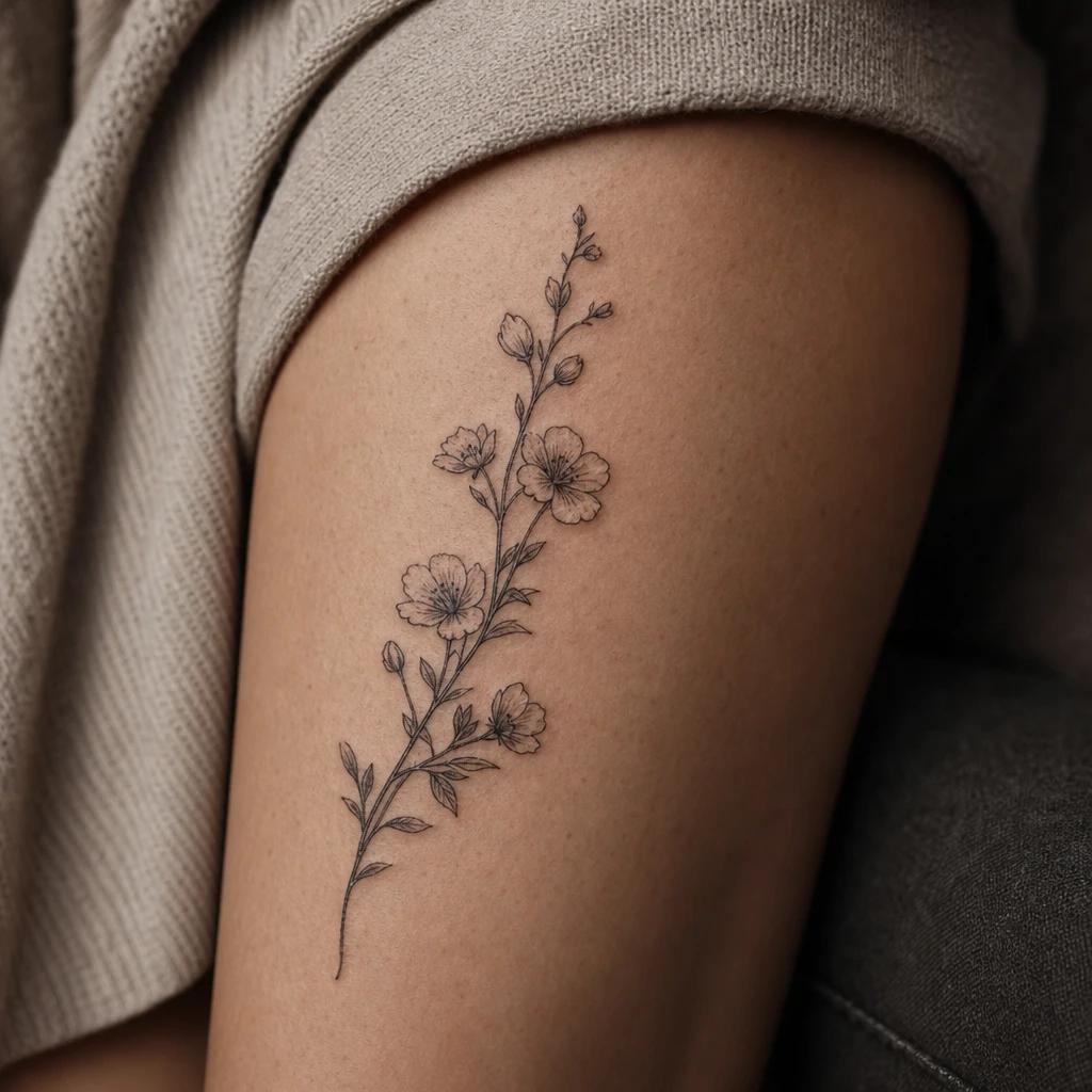women's thigh tattoo vertical flowering branch, realistic photo on skin