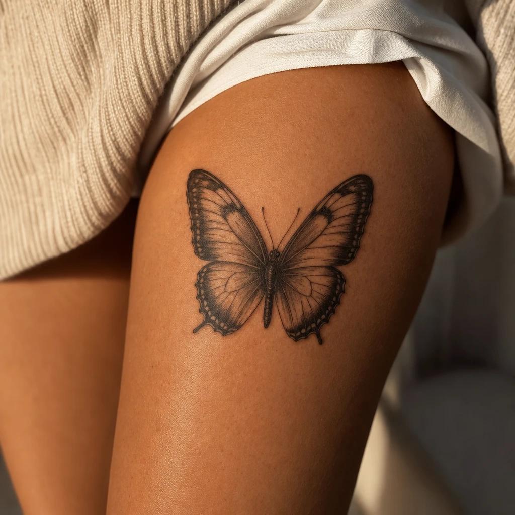 women's thigh tattoo realistic butterfly, realistic photo on skin
