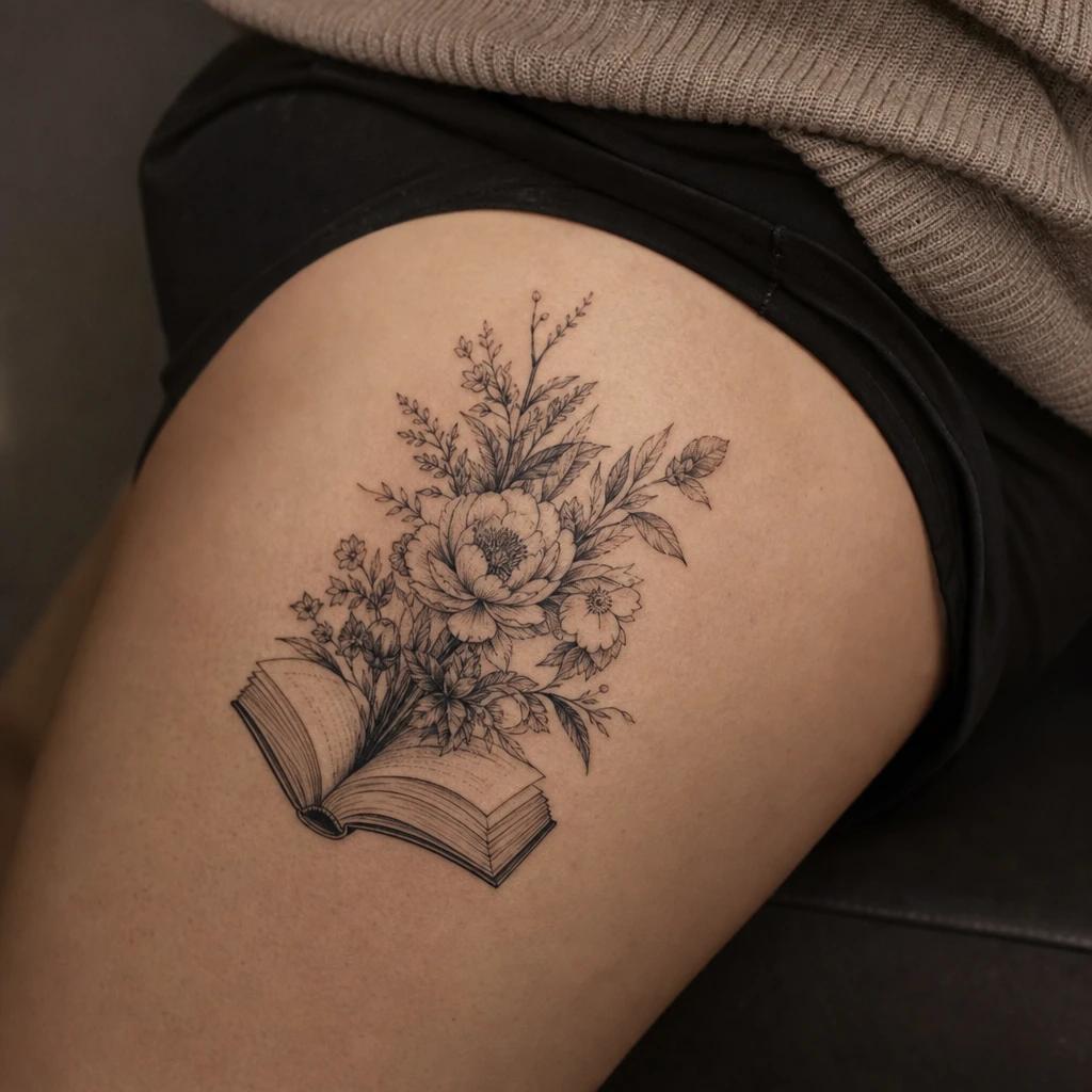 women's thigh tattoo quote and flowers, realistic photo on skin