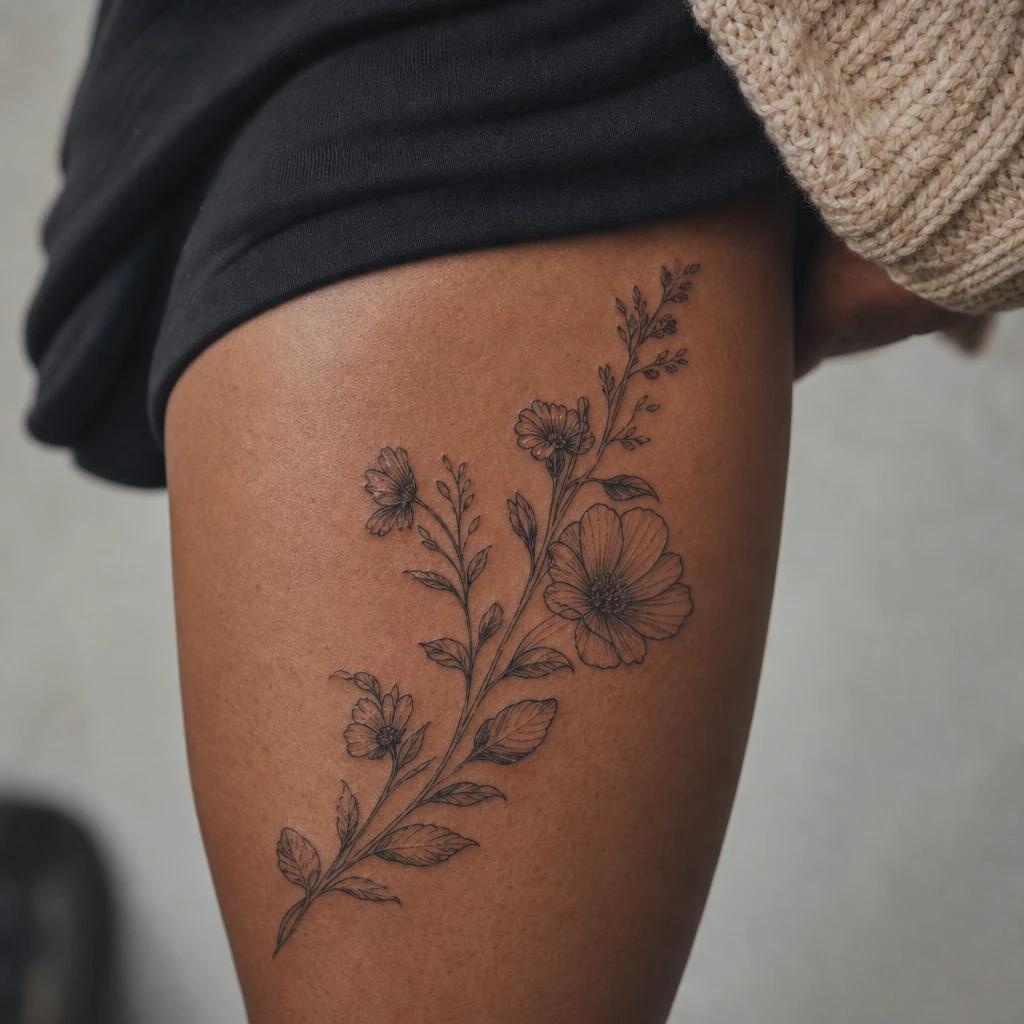 women's thigh tattoo quote and flowers, realistic photo on skin