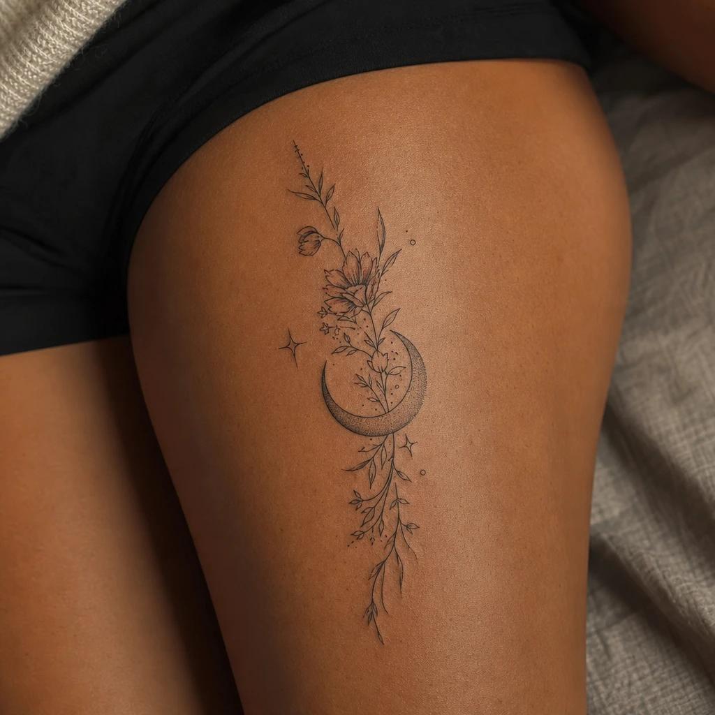 women's thigh tattoo moon and botanicals, realistic photo on skin