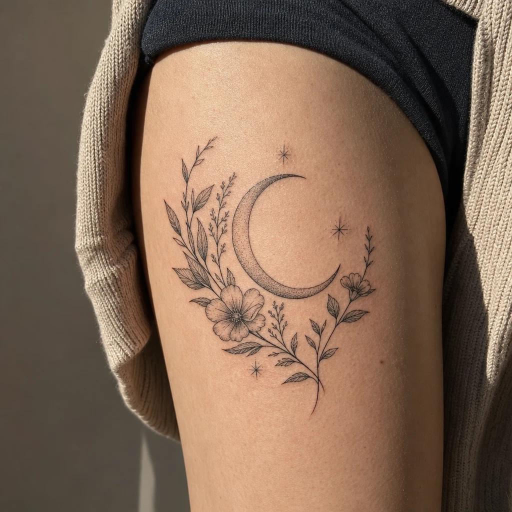women's thigh tattoo moon and botanicals, realistic photo on skin