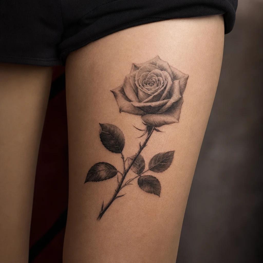 women's thigh tattoo realistic rose, realistic photo on skin