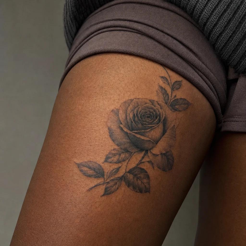 women's thigh tattoo realistic rose, realistic photo on skin