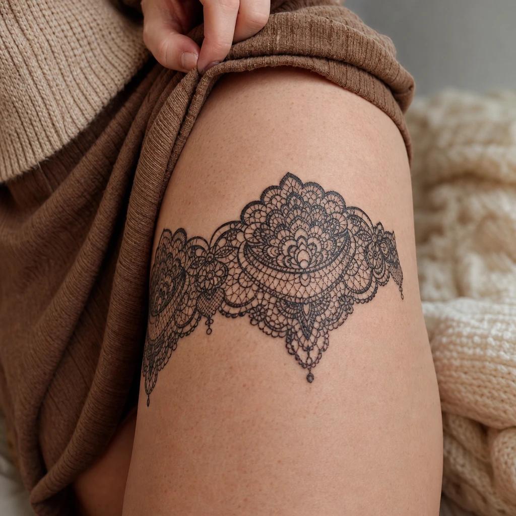 women's thigh tattoo ornamental lace, realistic photo on skin