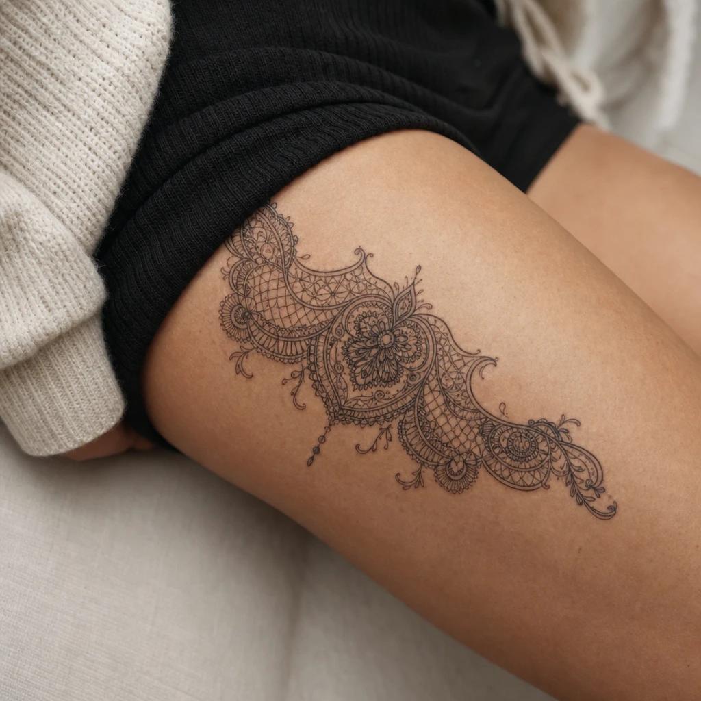 women's thigh tattoo ornamental lace, realistic photo on skin