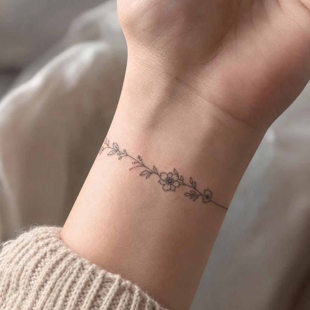 women's wrist tattoo fine line floral bracelet, realistic photo on skin