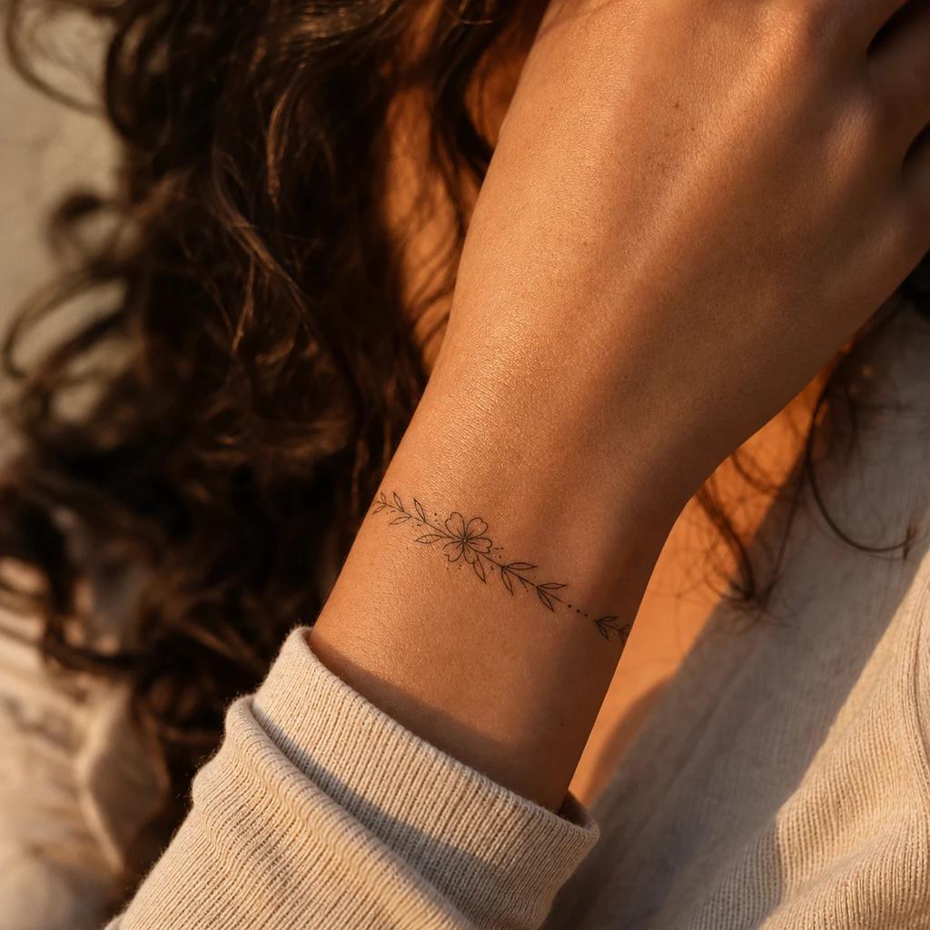 women's wrist tattoo fine line floral bracelet, realistic photo on skin