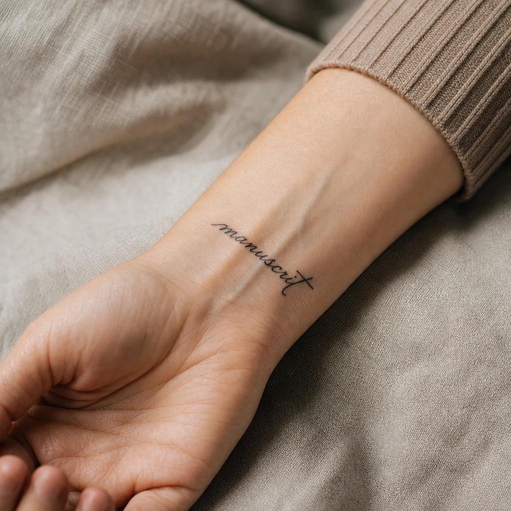 women's wrist tattoo handwritten word, realistic photo on skin