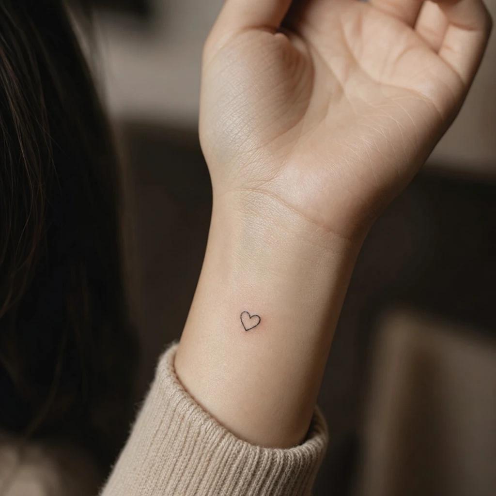 women's wrist tattoo minimalist heart, realistic photo on skin