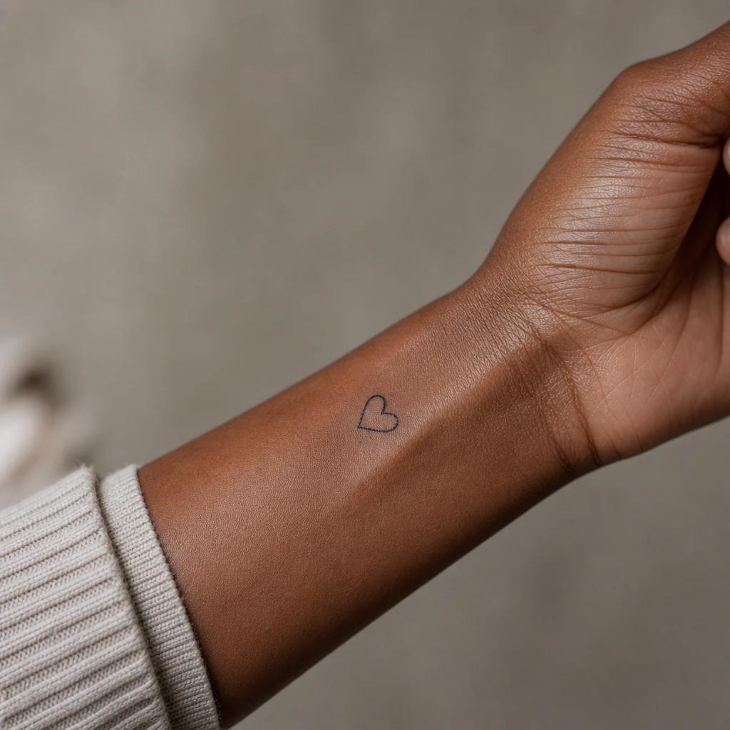 women's wrist tattoo minimalist heart, realistic photo on skin