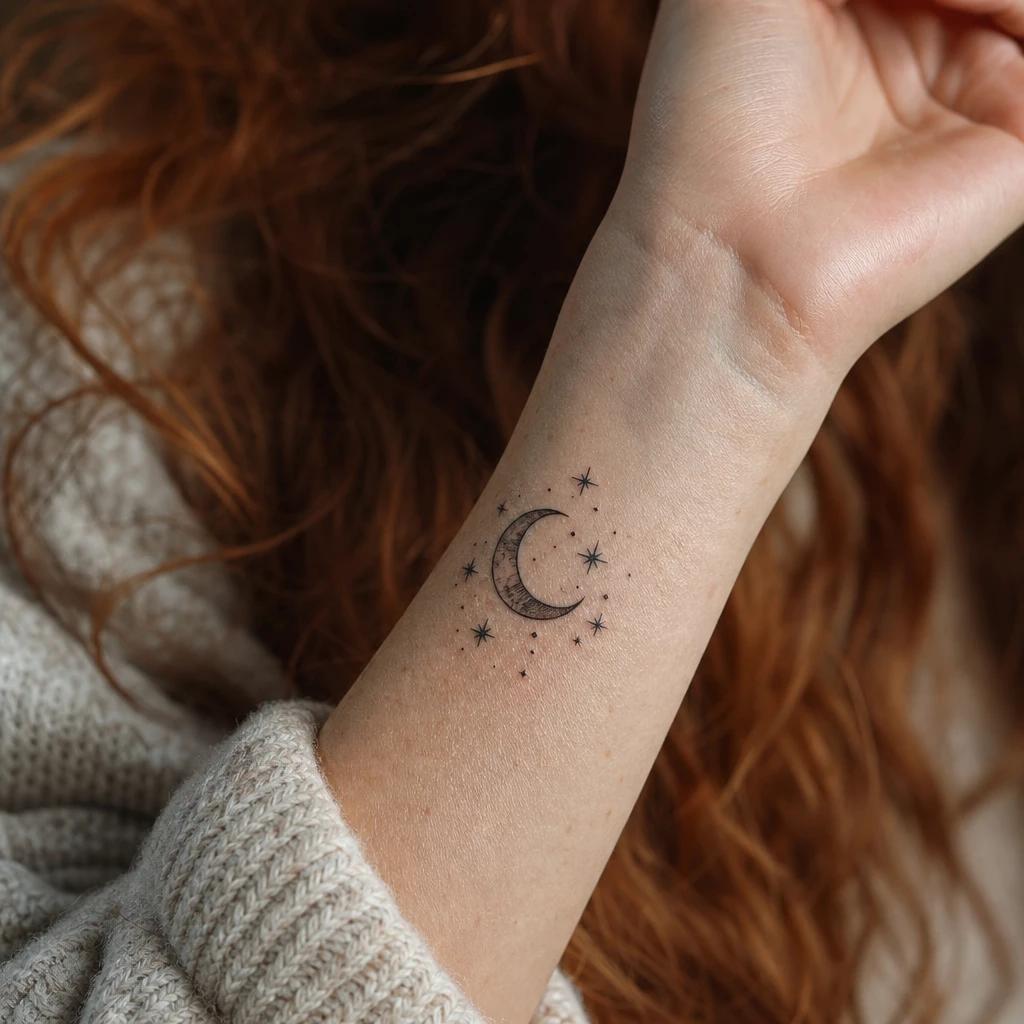 women's wrist tattoo moon and stars, realistic photo on skin