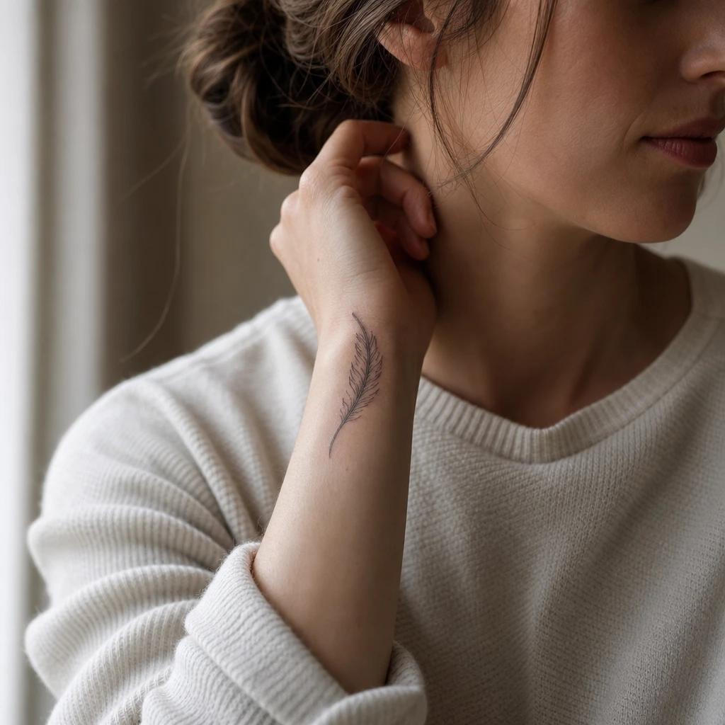 women's wrist tattoo delicate feather, realistic photo on skin