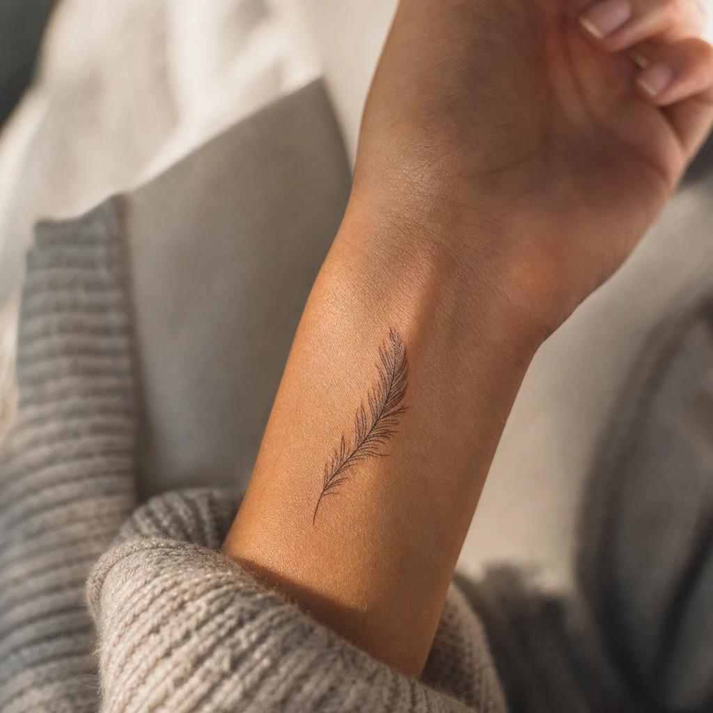 women's wrist tattoo delicate feather, realistic photo on skin