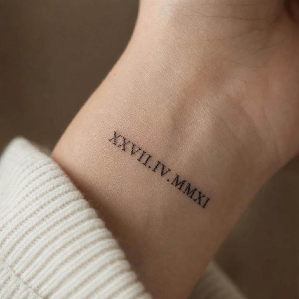 women's wrist tattoo roman numeral date, realistic photo on skin