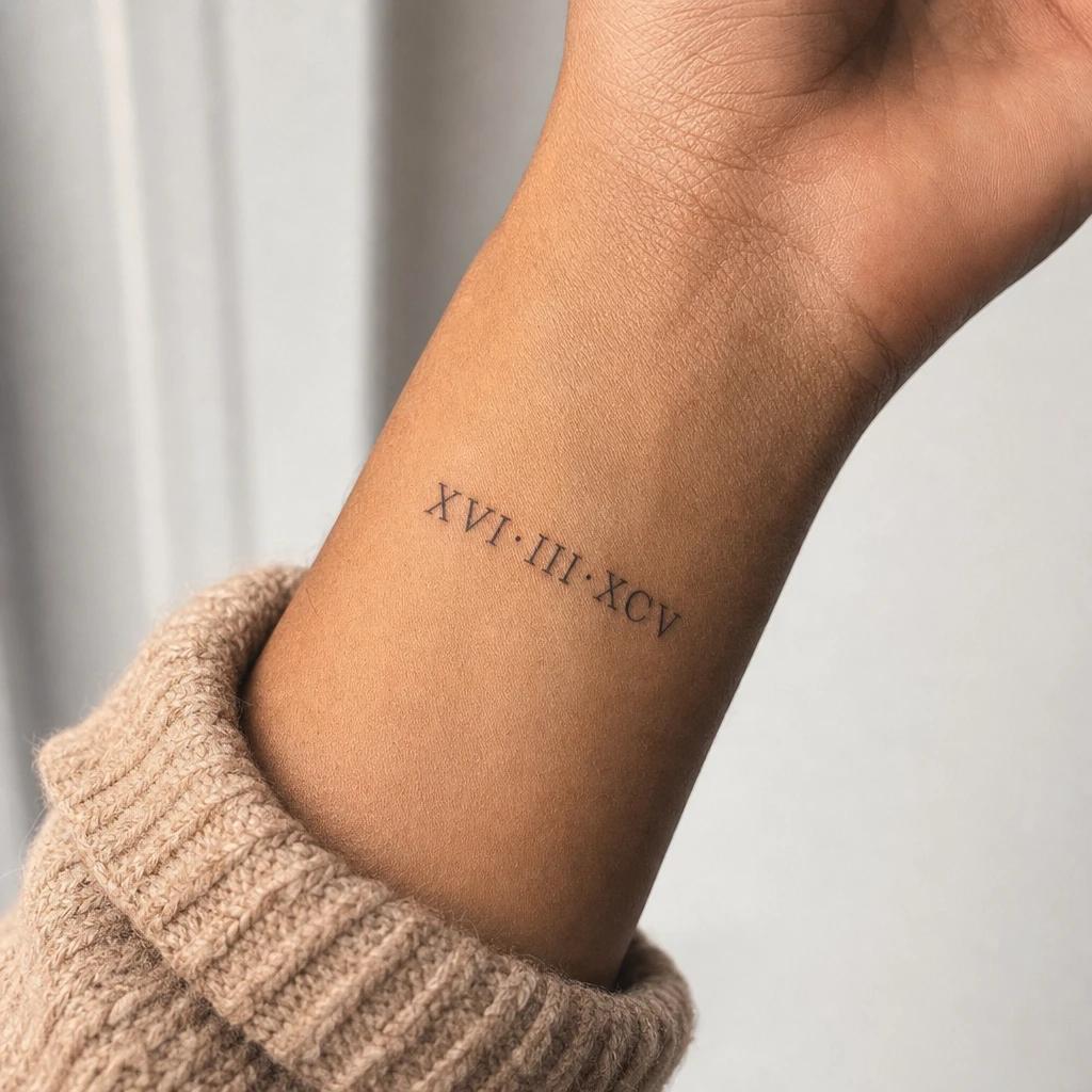 women's wrist tattoo roman numeral date, realistic photo on skin