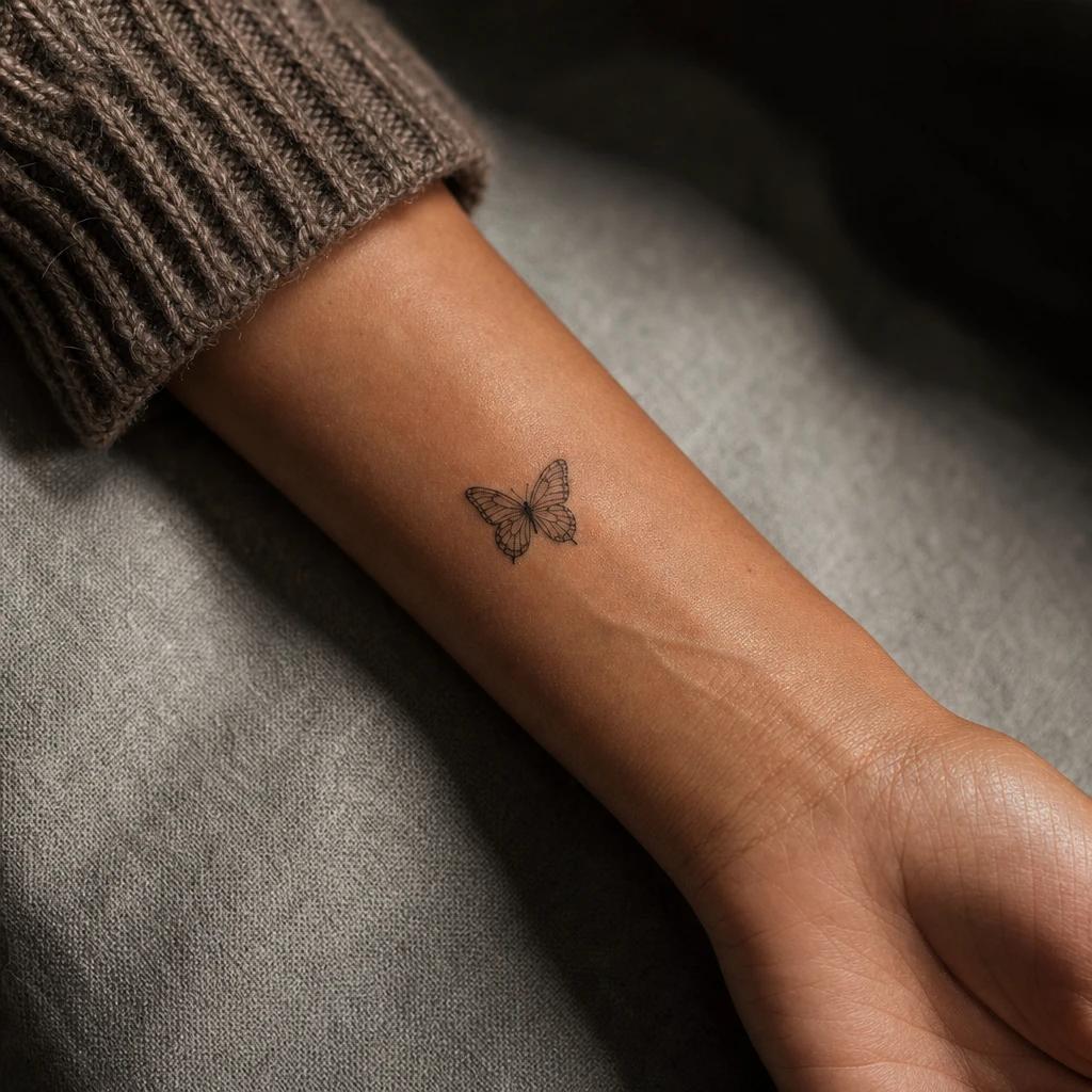 women's wrist tattoo tiny butterfly, realistic photo on skin