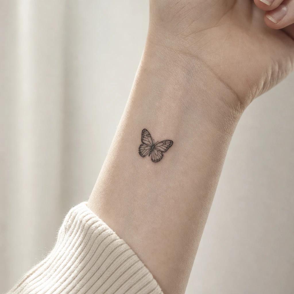women's wrist tattoo tiny butterfly, realistic photo on skin