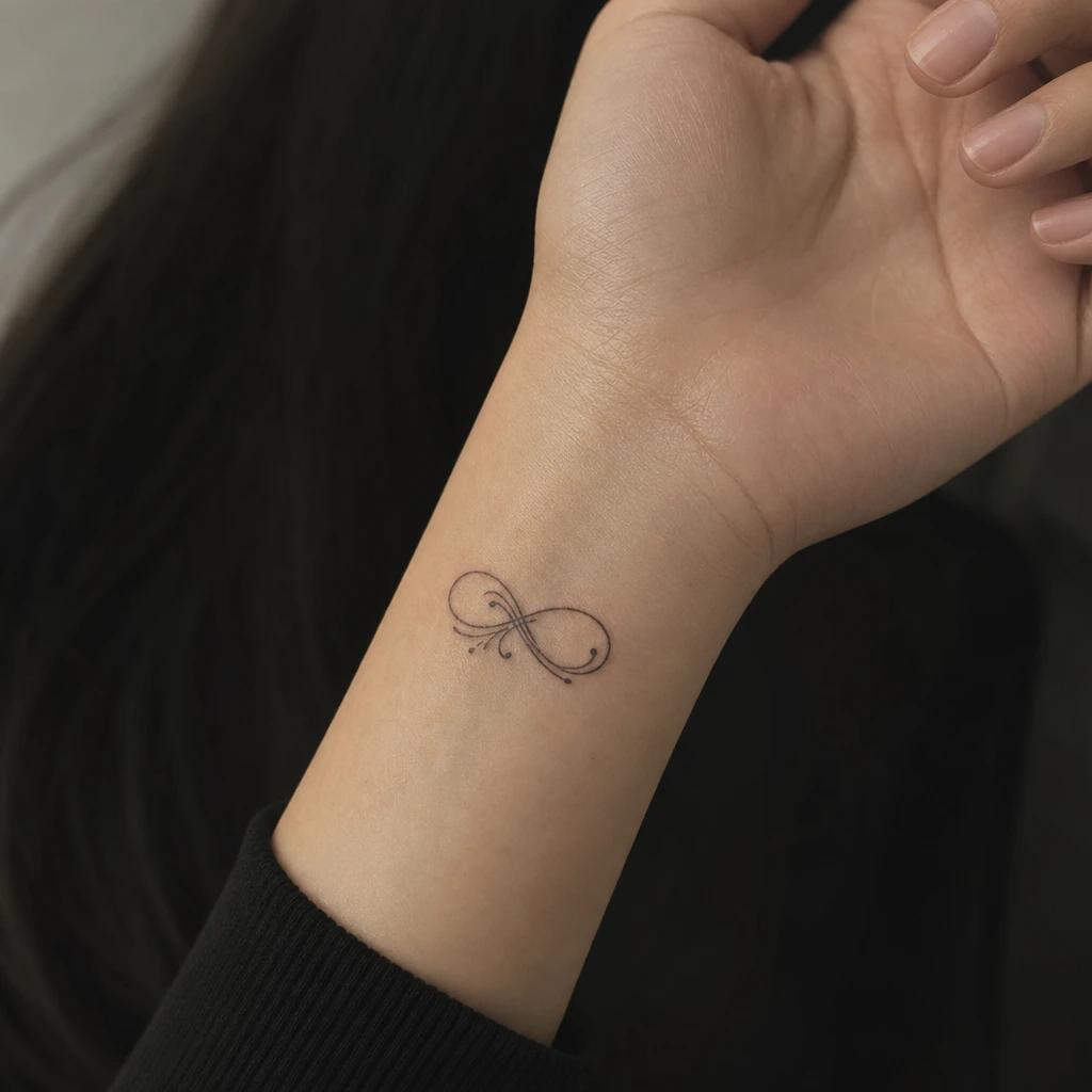 women's wrist tattoo reinvented infinity, realistic photo on skin
