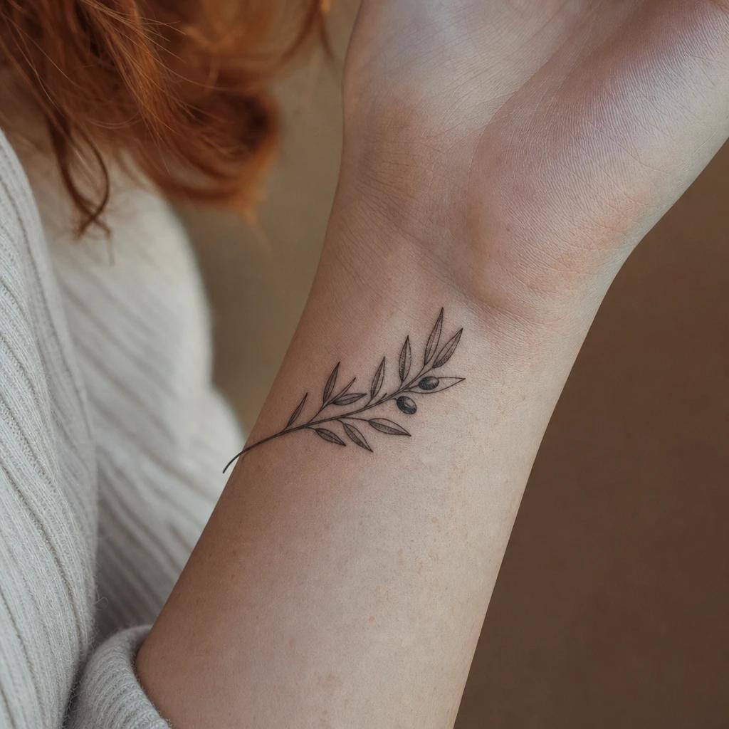 women's wrist tattoo olive branch, realistic photo on skin