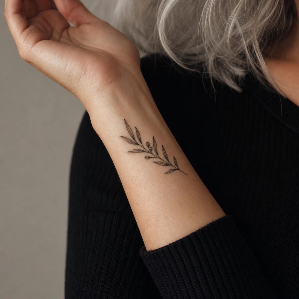 women's wrist tattoo olive branch, realistic photo on skin