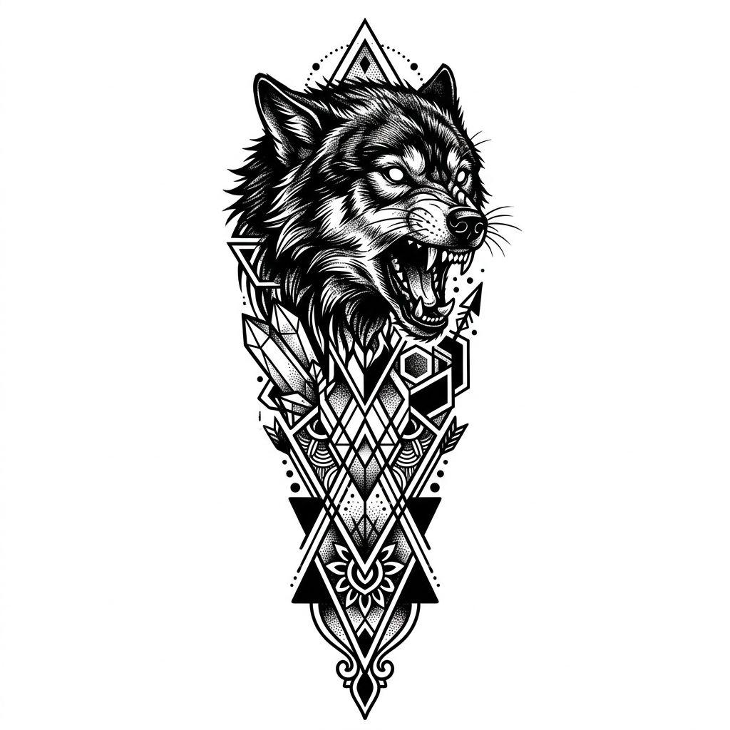 idée tatouage avant-bras loup blackwork vertical