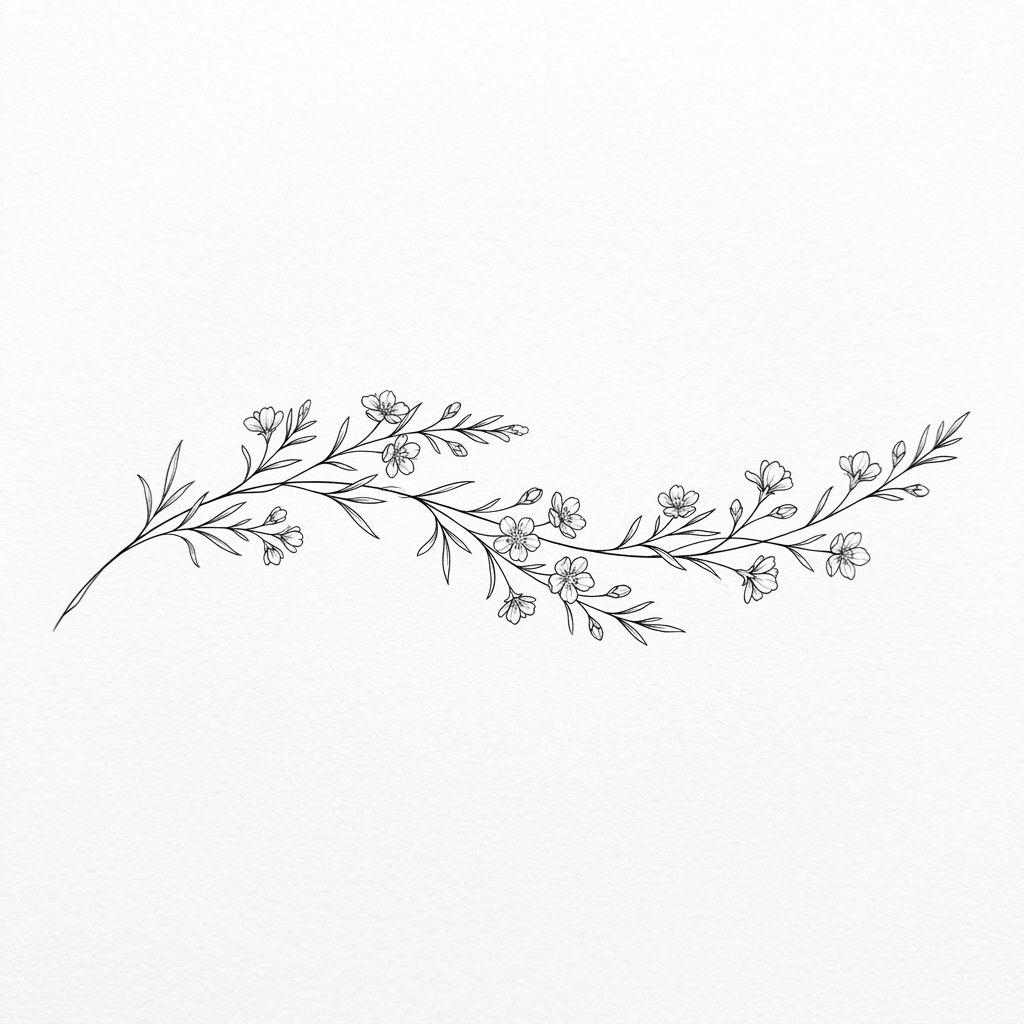 women's forearm tattoo fine line flowering branch, design on white background