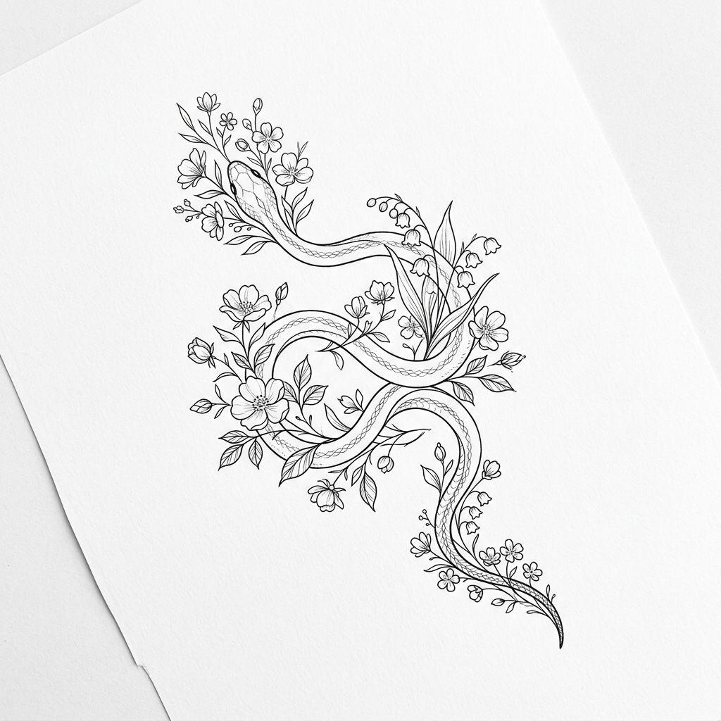 women's forearm tattoo fine botanical snake, design on white background