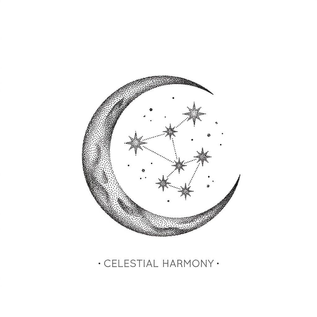 women's forearm tattoo dotwork moon and stars, design on white background