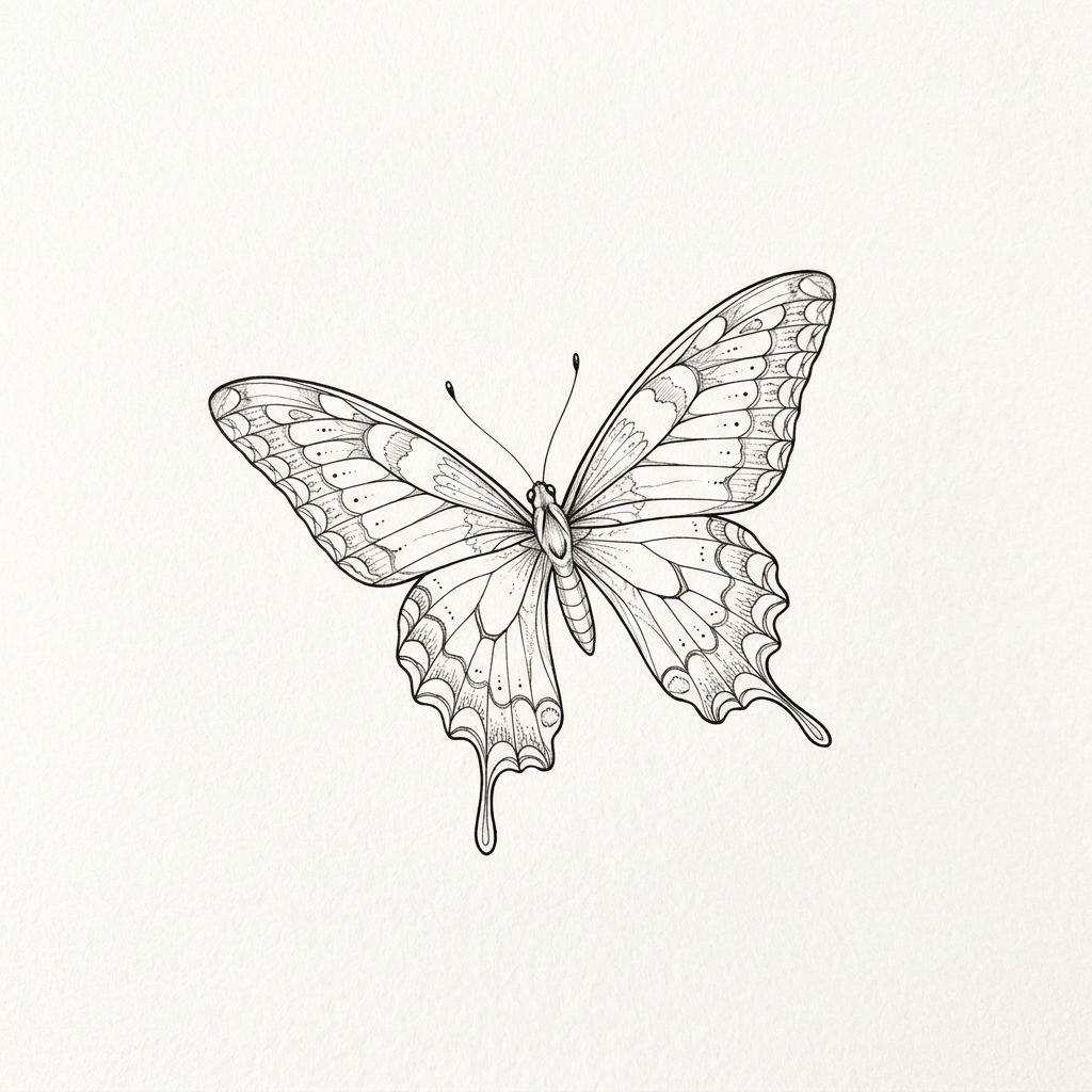 women's forearm tattoo fine line butterfly, design on white background