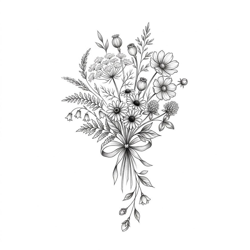 women's forearm tattoo wildflower bouquet, design on white background