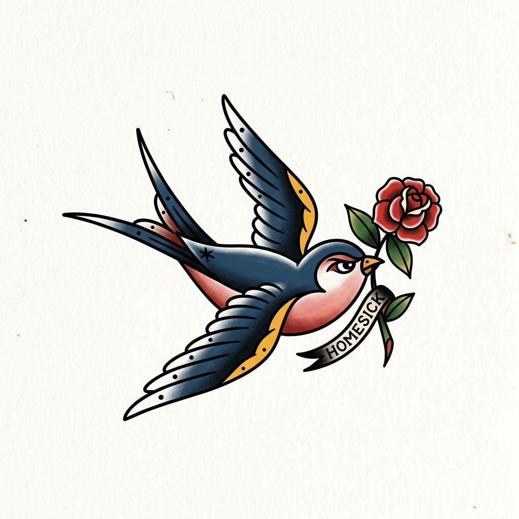 women's forearm tattoo old school swallow, design on white background