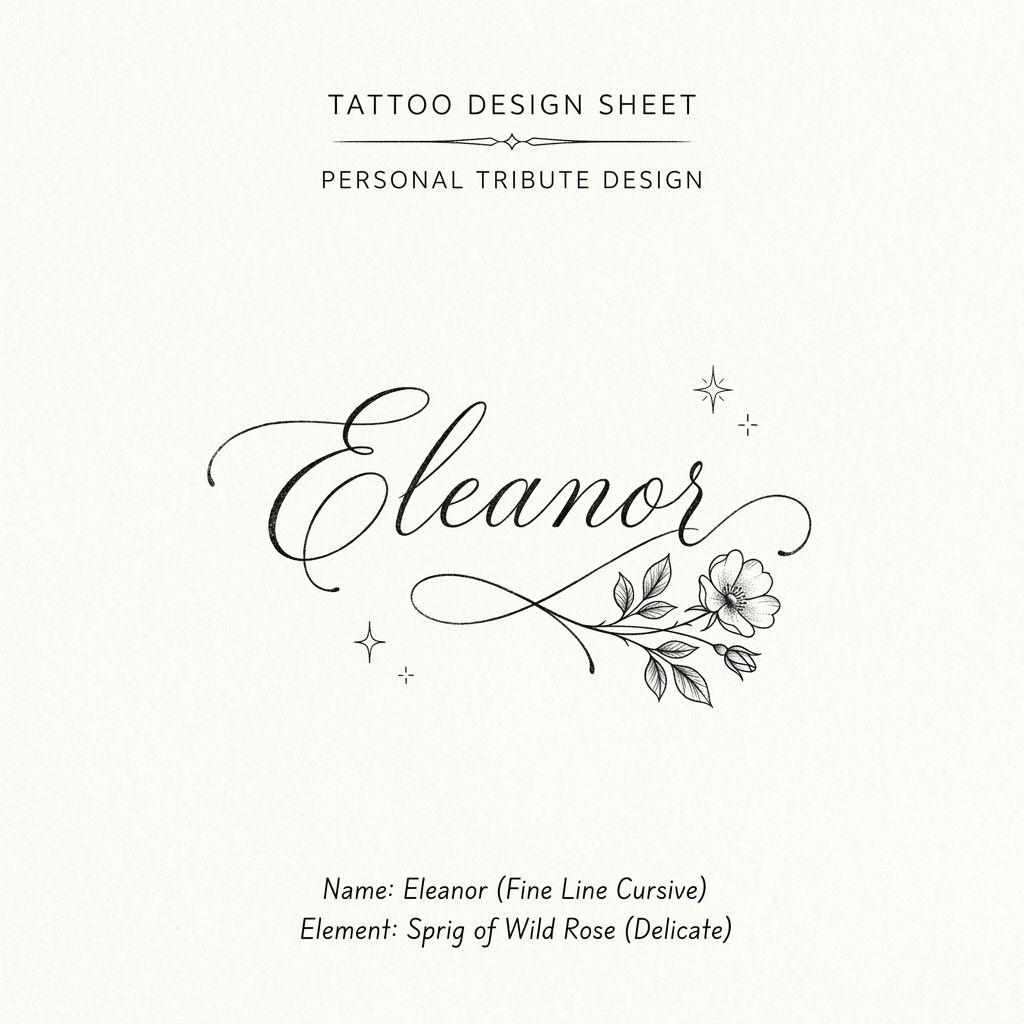 women's forearm tattoo name and flower, design on white background
