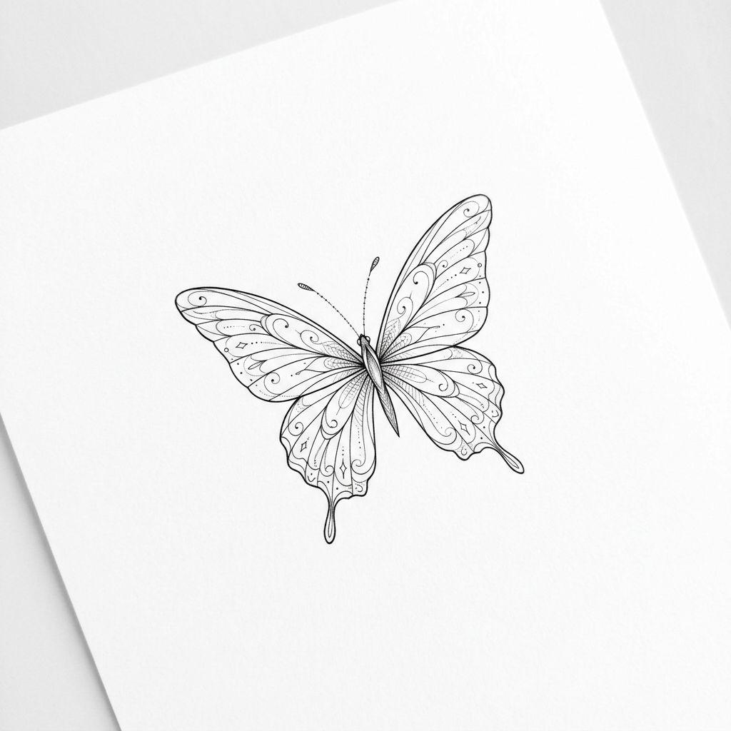 women's ankle tattoo fine line butterfly, design on white background