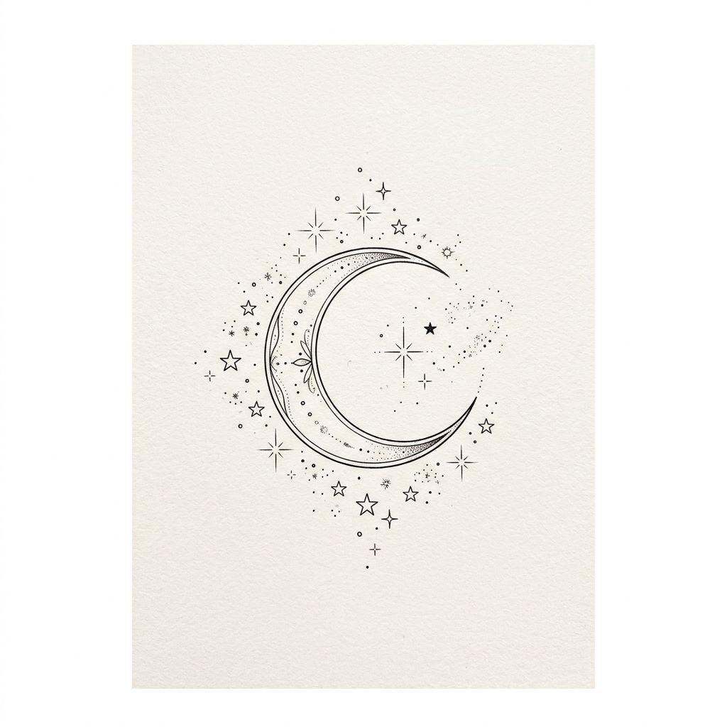women's ankle tattoo moon and stars, design on white background