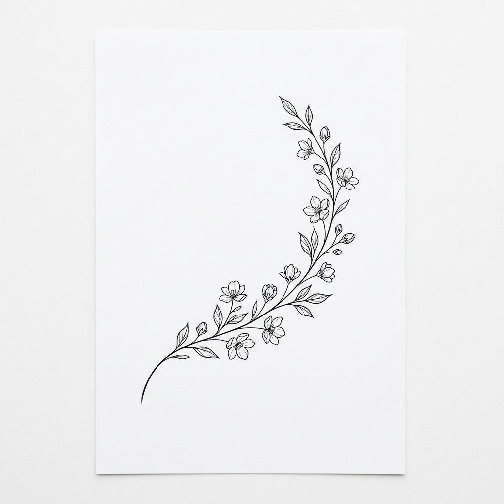 women's ankle tattoo fine flowering branch, design on white background