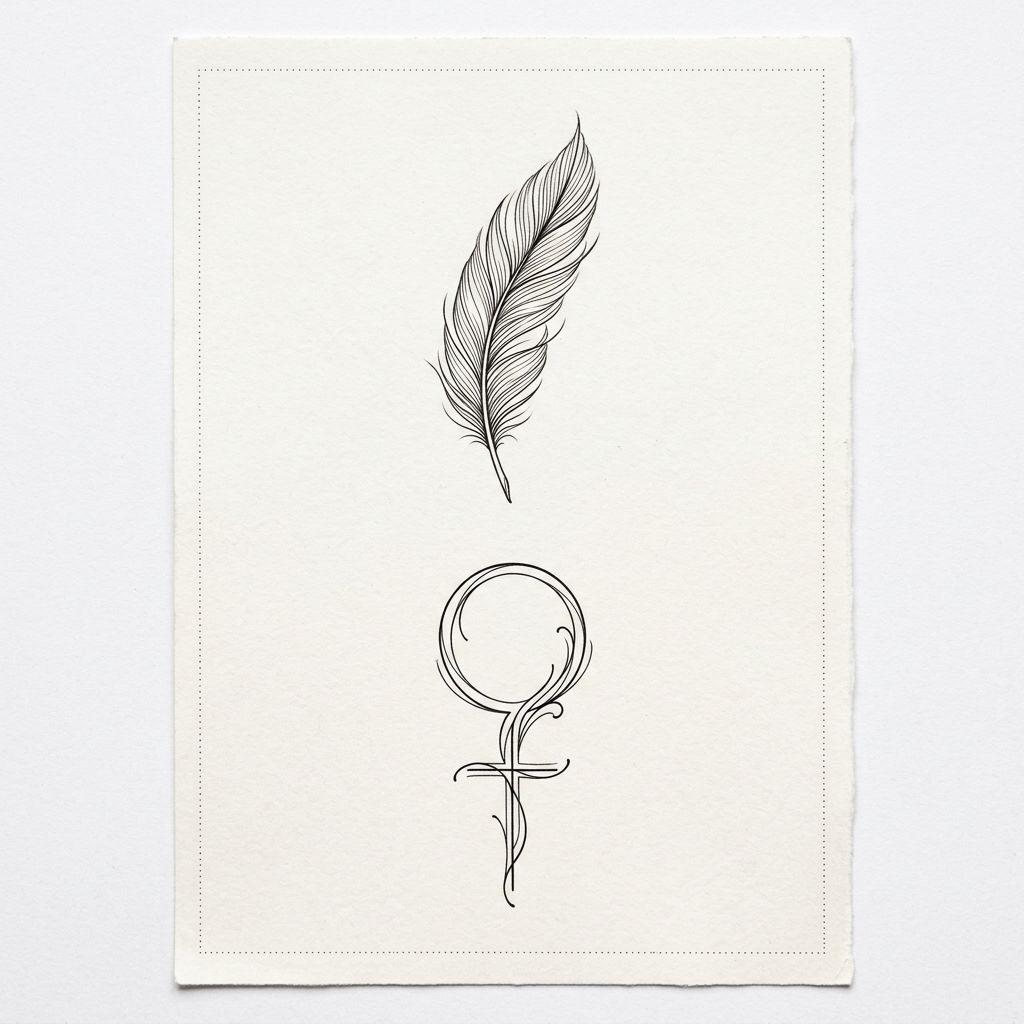 women's neck tattoo fine line feather on the side of the neck, design on white background