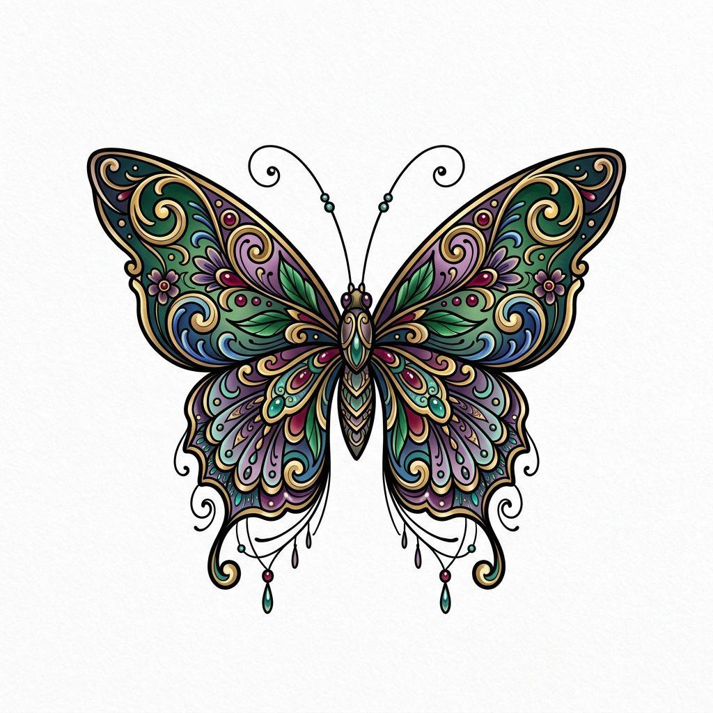 women's neck tattoo neo-traditional butterfly, design on white background
