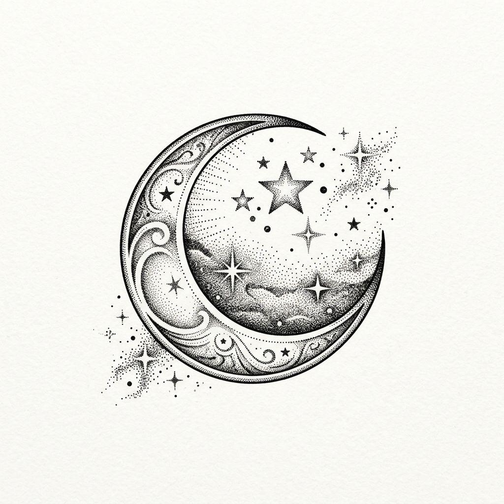 women's neck tattoo dotwork moon and stars, design on white background