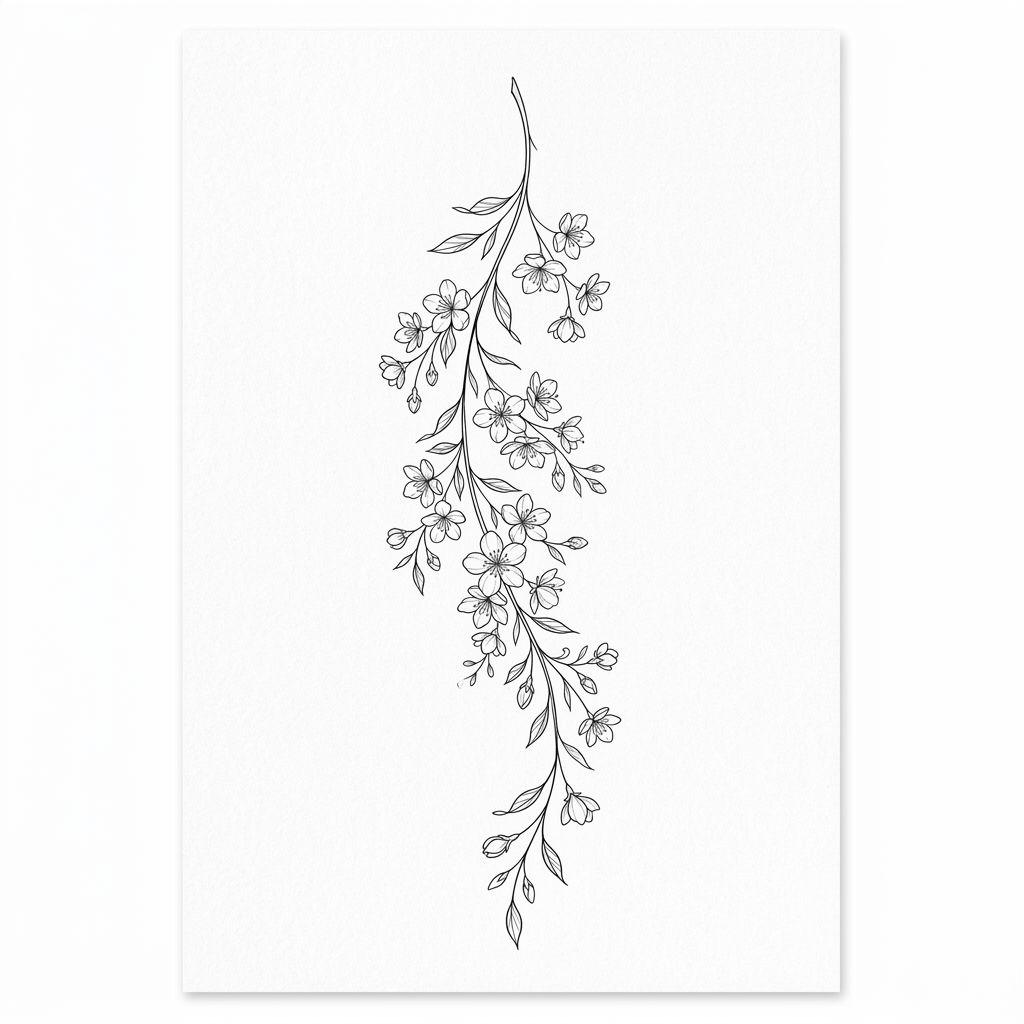 women's neck tattoo flowering branch, design on white background
