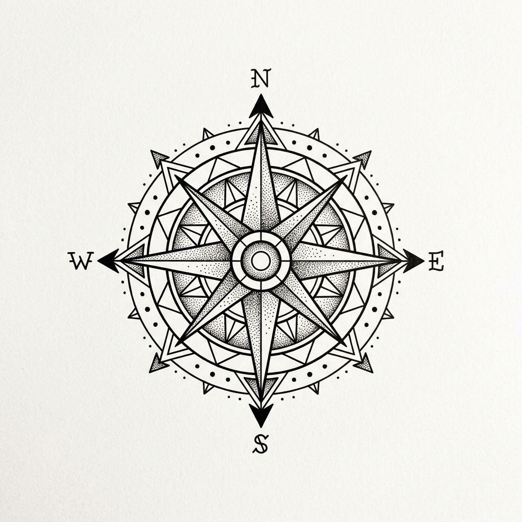men's neck tattoo geometric compass star, design on white background
