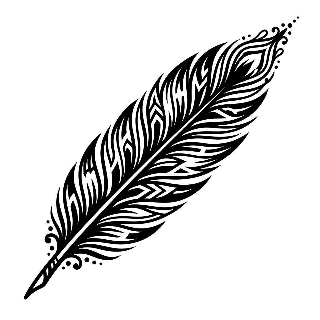 men's neck tattoo blackwork feather, design on white background