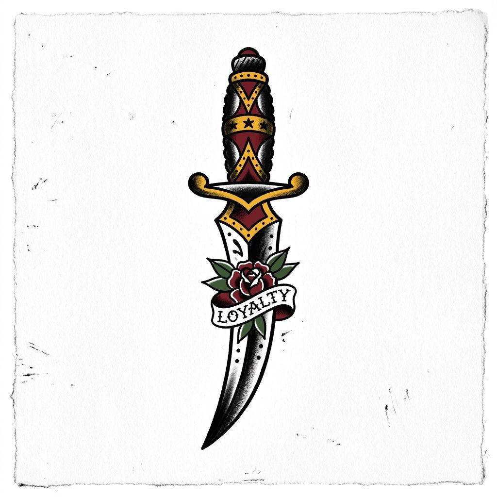 men's neck tattoo old school dagger, design on white background