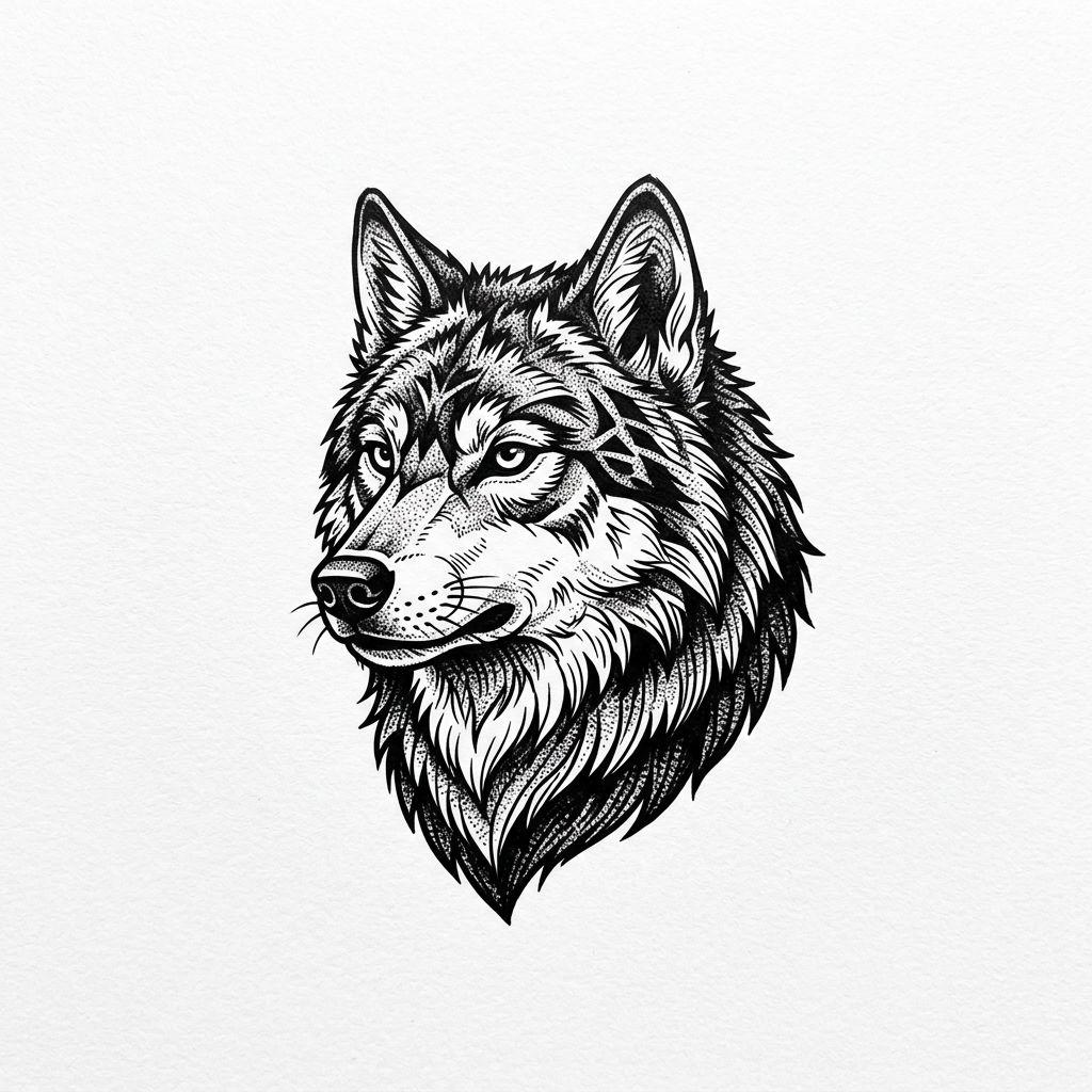 men's neck tattoo miniature wolf head, design on white background