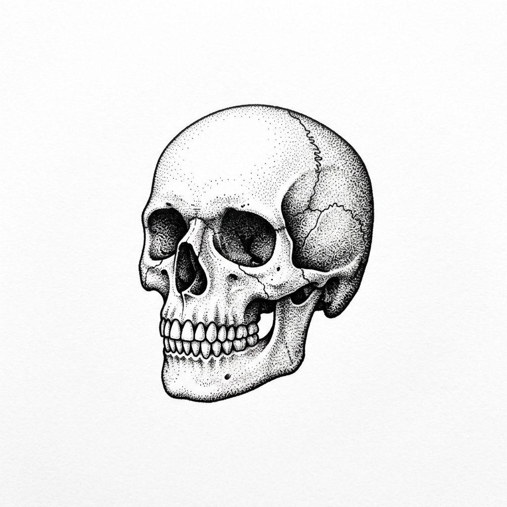 men's neck tattoo dotwork skull, design on white background