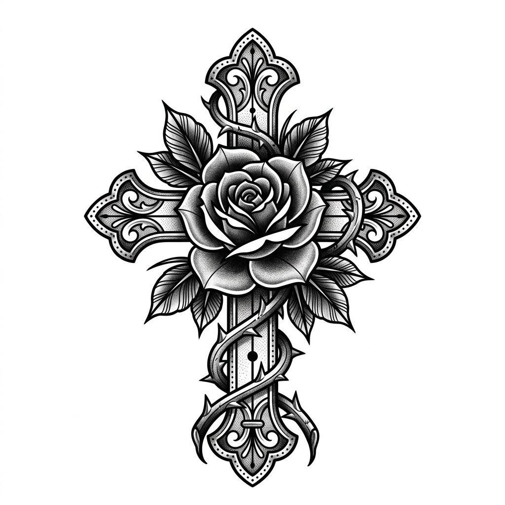 cross tattoo cross and rose intertwined, design on white background