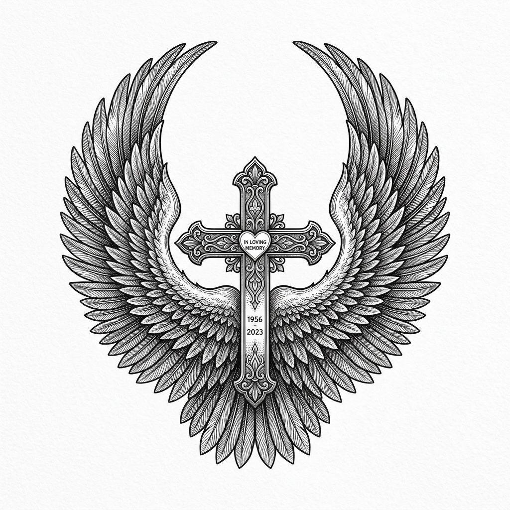 cross tattoo cross with angel wings, design on white background