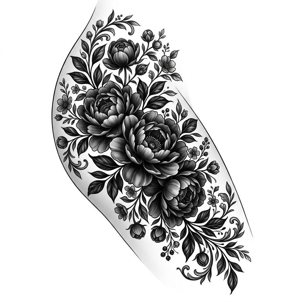 women's thigh tattoo large floral piece, design on white background